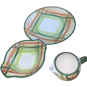 Hand-Painted Ceramic Dinnerware Set With Abstract Plaid Design Includes Plate